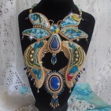 Haute-Couture Blue Gold Butterfly Necklace embroidered with gemstones, crystals, glass beads and seed beads